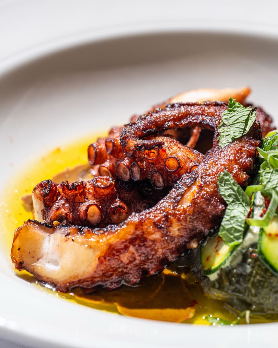 Poulpe grillé à la braise, courgettes et menthe